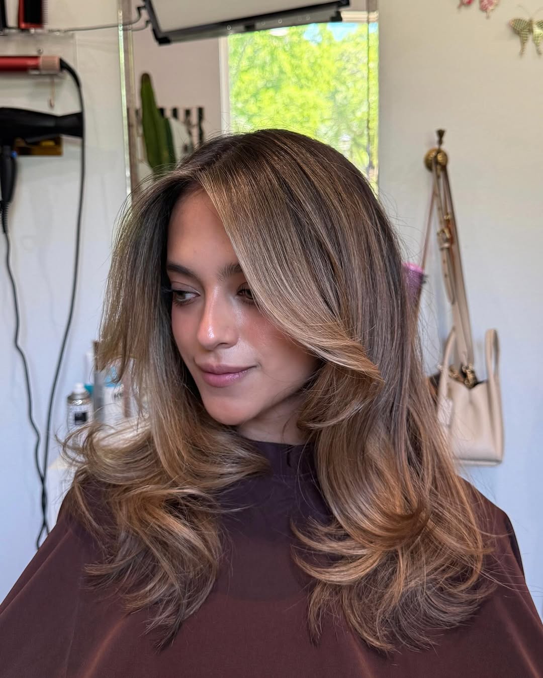 Caramel Honey Balayage Layers With Soft Curtain Bangs
