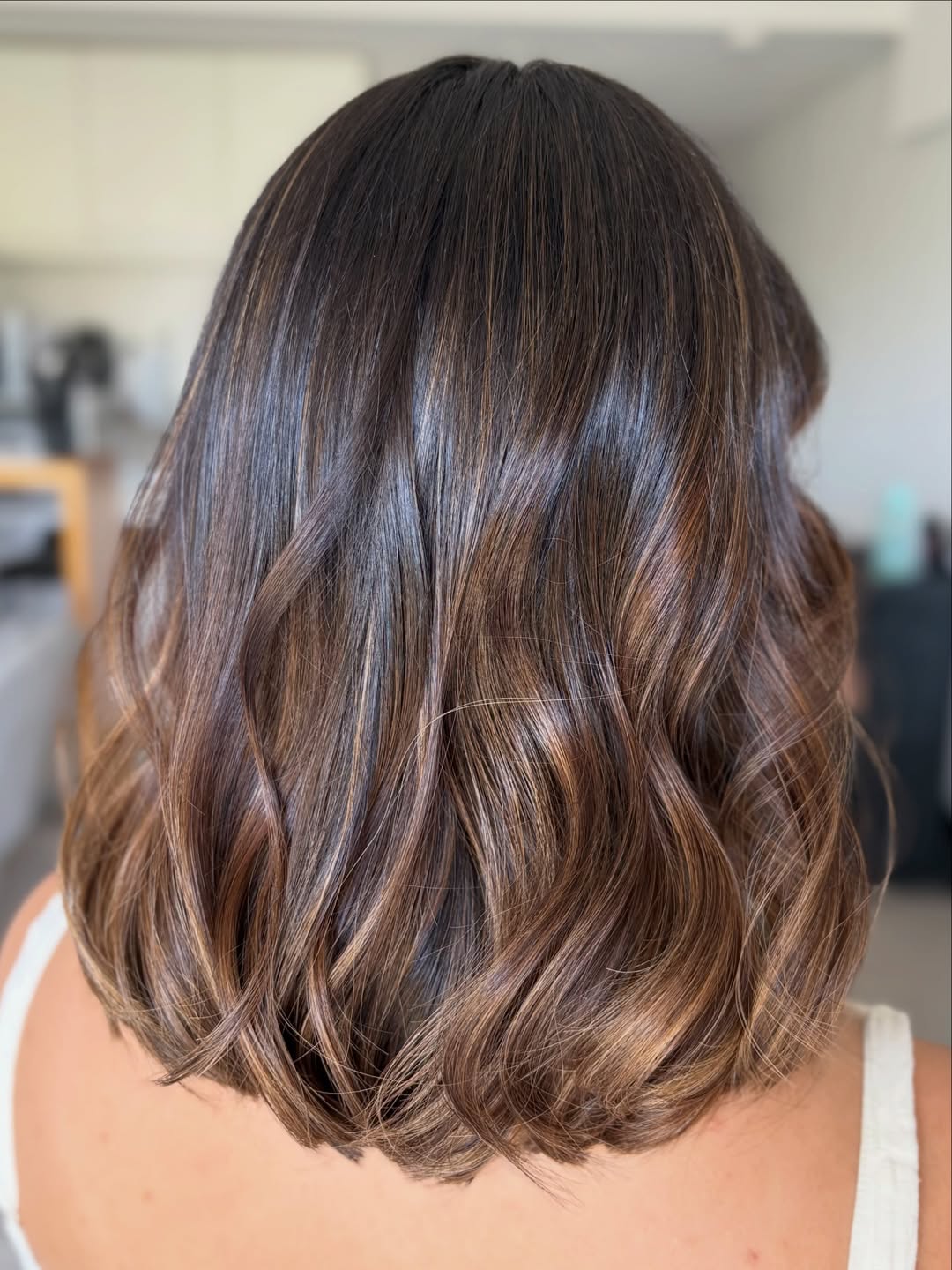 Caramel Ribbon Balayage On Chocolate Brown Lob