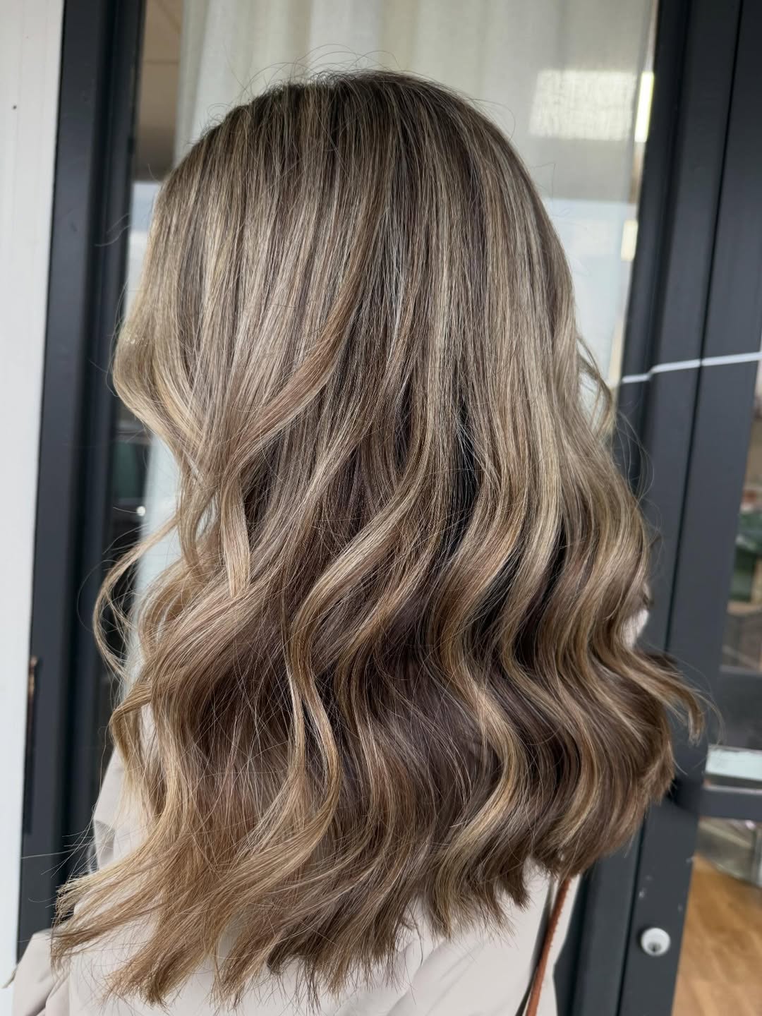 Caramel Ribbon Highlights On Medium Wavy Hair