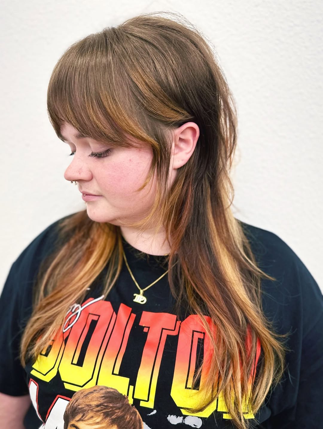 Caramel Shag With Wavy Layers And Curtain Bangs