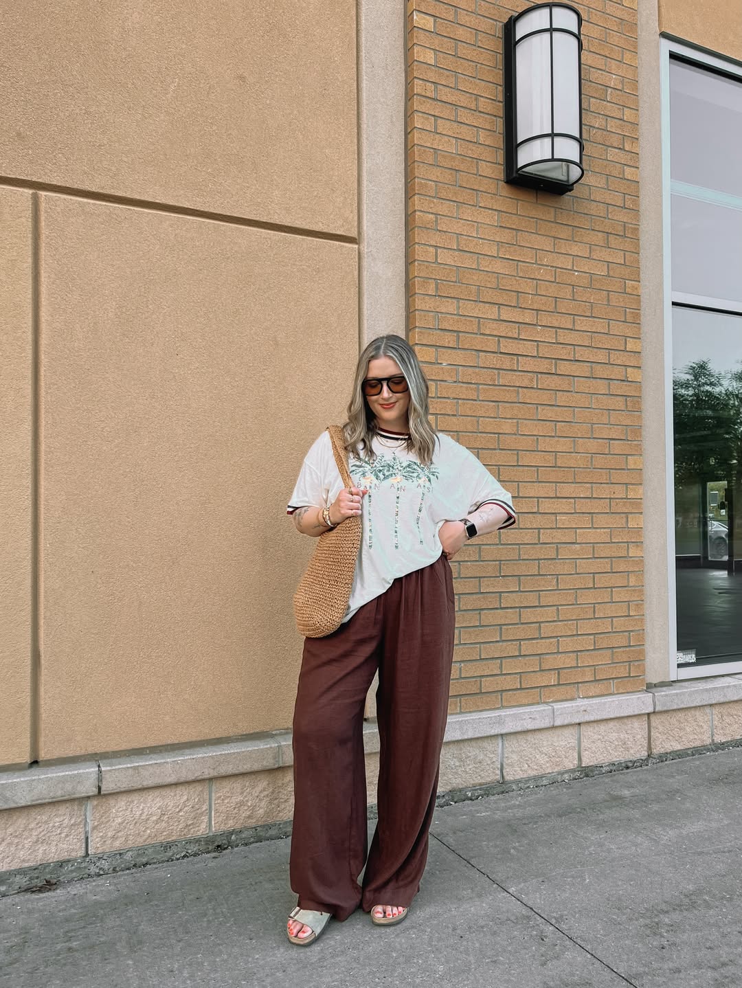 Casual Cream Graphic Tee With Brown Wide Leg Pants