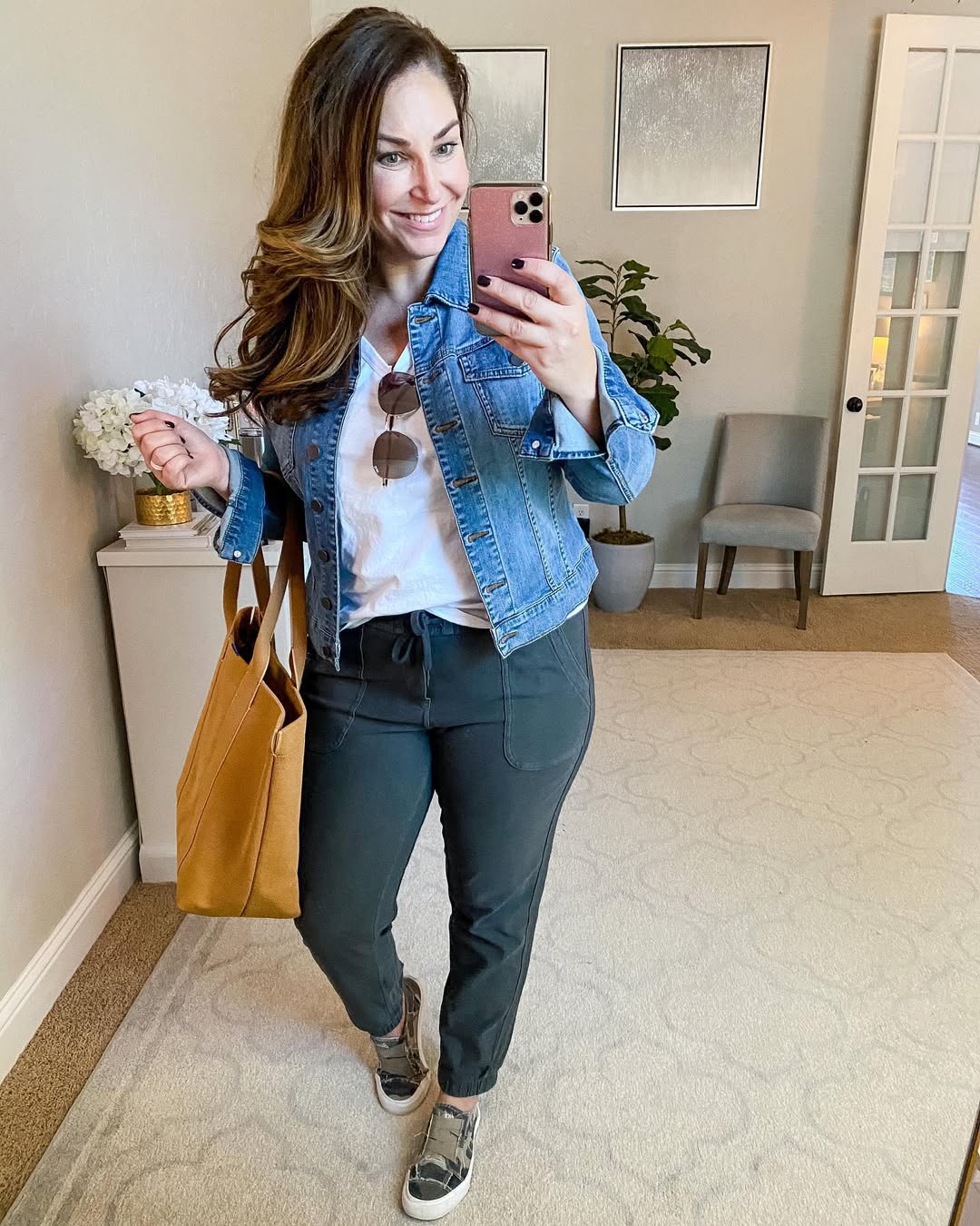 Casual Denim Jacket And Jogger Mom Outfit