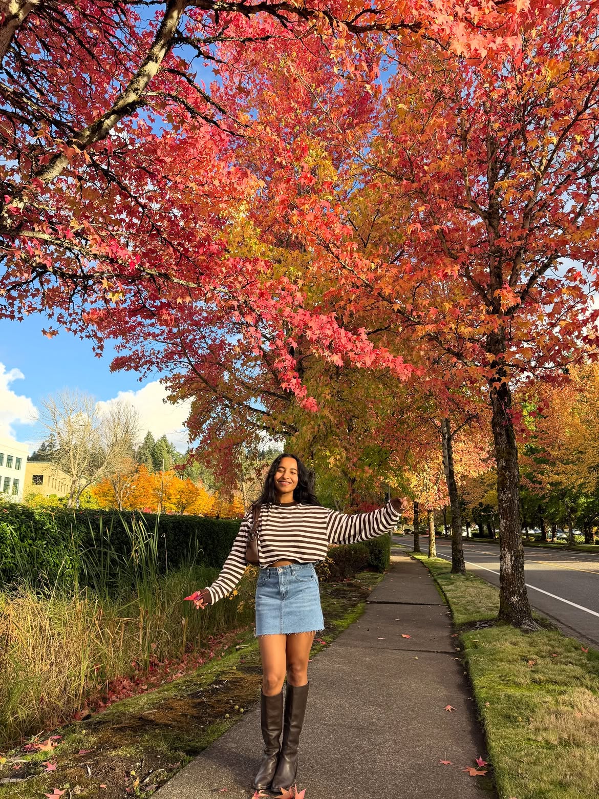 Casual Denim Mini Skirt With Striped Sweater And Boots