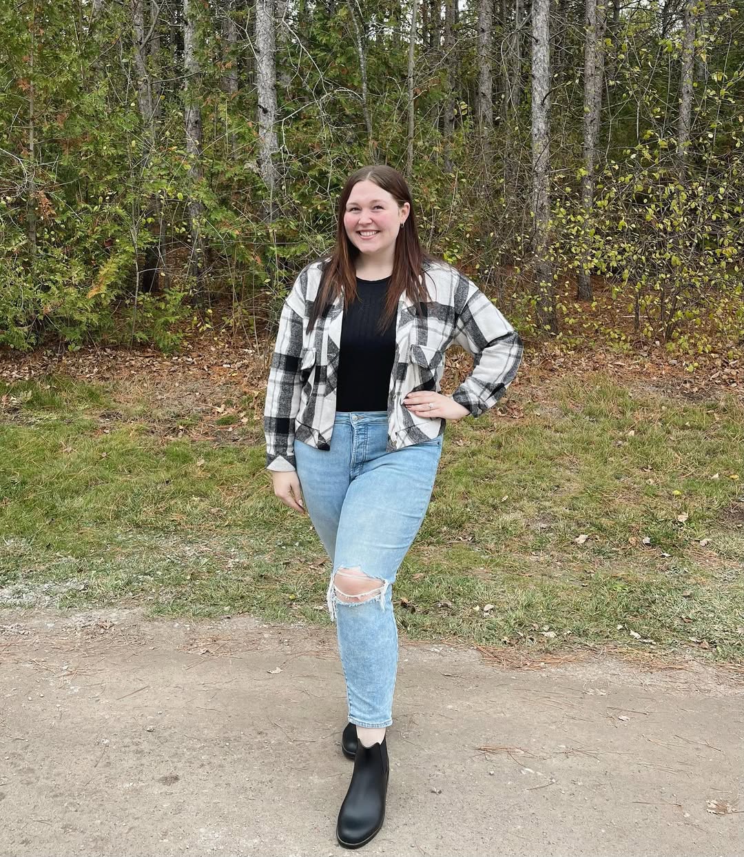 Casual Plaid Shacket And Distressed Denim Outfit