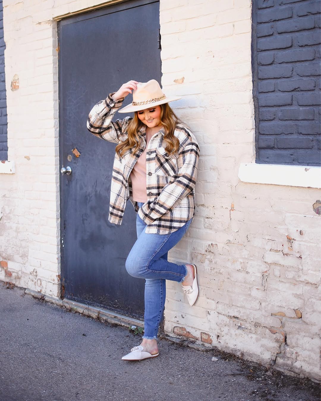 Casual Plaid Shacket With Denim Mules