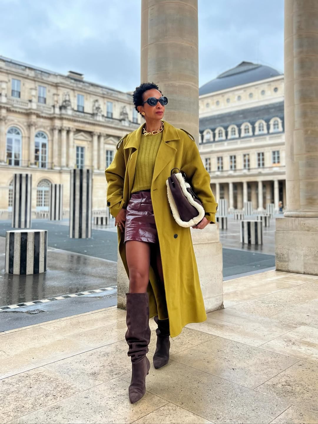 Chartreuse Trench With Burgundy Mini Skirt Look
