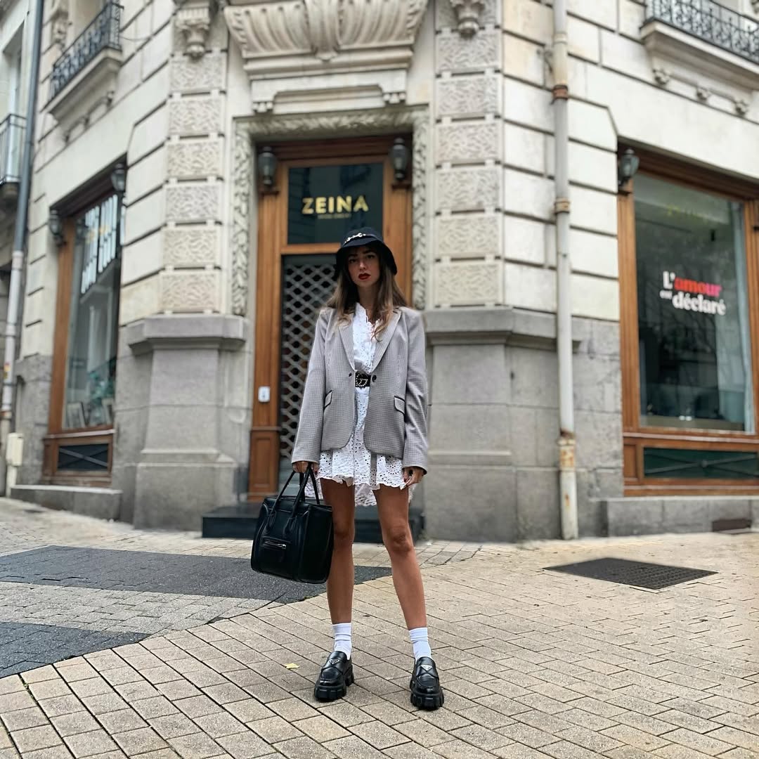 Checked Blazer Over Mini Dress And Chunky Loafers