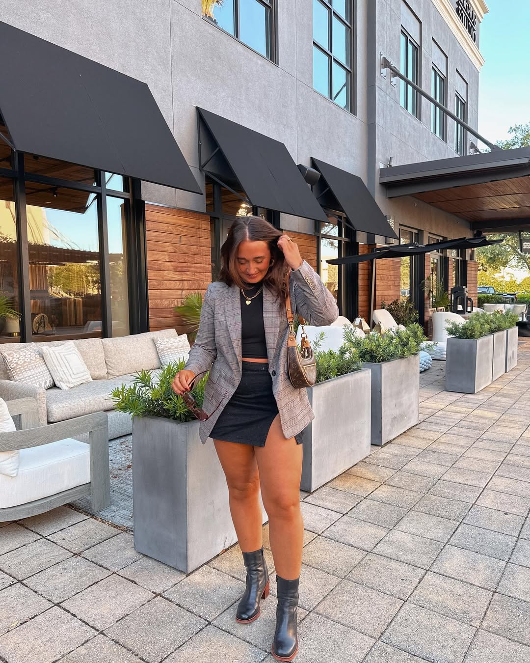 Checked Blazer With Denim Mini Skirt And Boots