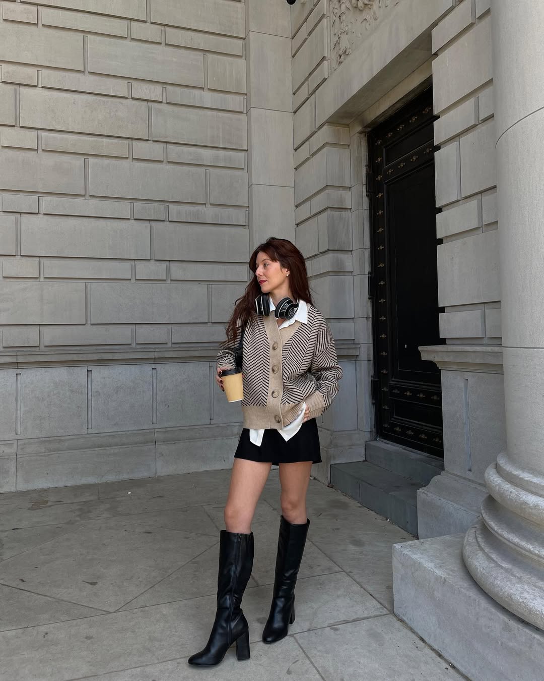 Chevron Cardigan With Pleated Mini Skirt Outfit