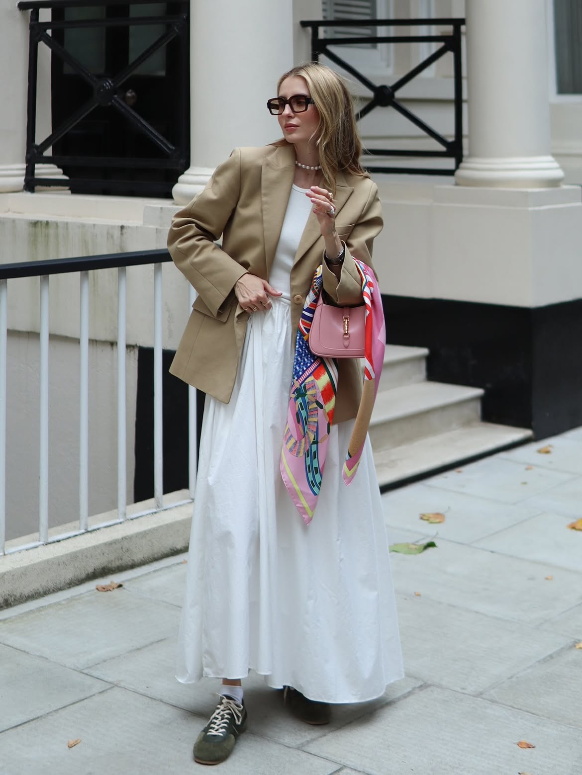 Chic Beige Blazer With Flowy White Maxi Skirt