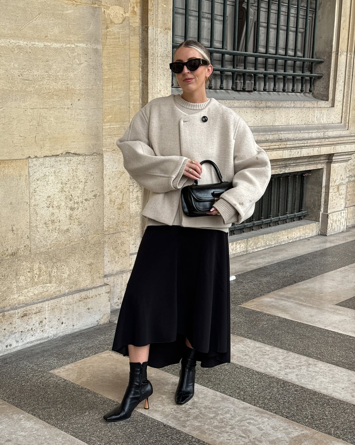 Chic Beige Bomber With Black Midi Skirt