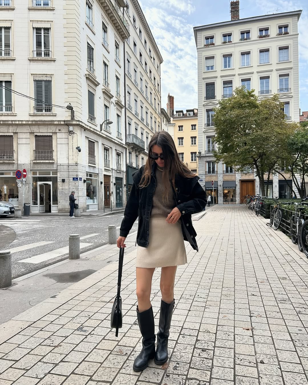 Chic Beige Mini Skirt And Black Boot Outfit