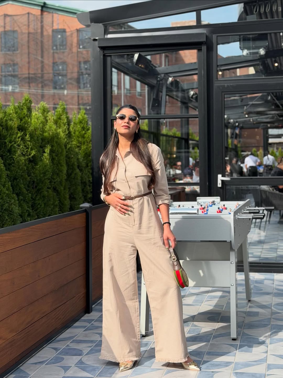 Chic Beige Utility Jumpsuit With Metallic Flats