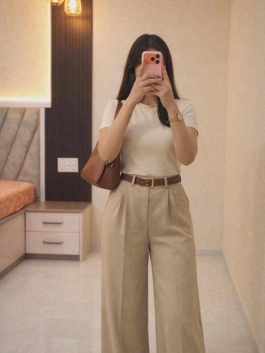 Chic Beige Wide-Leg Trousers With Cream Tee