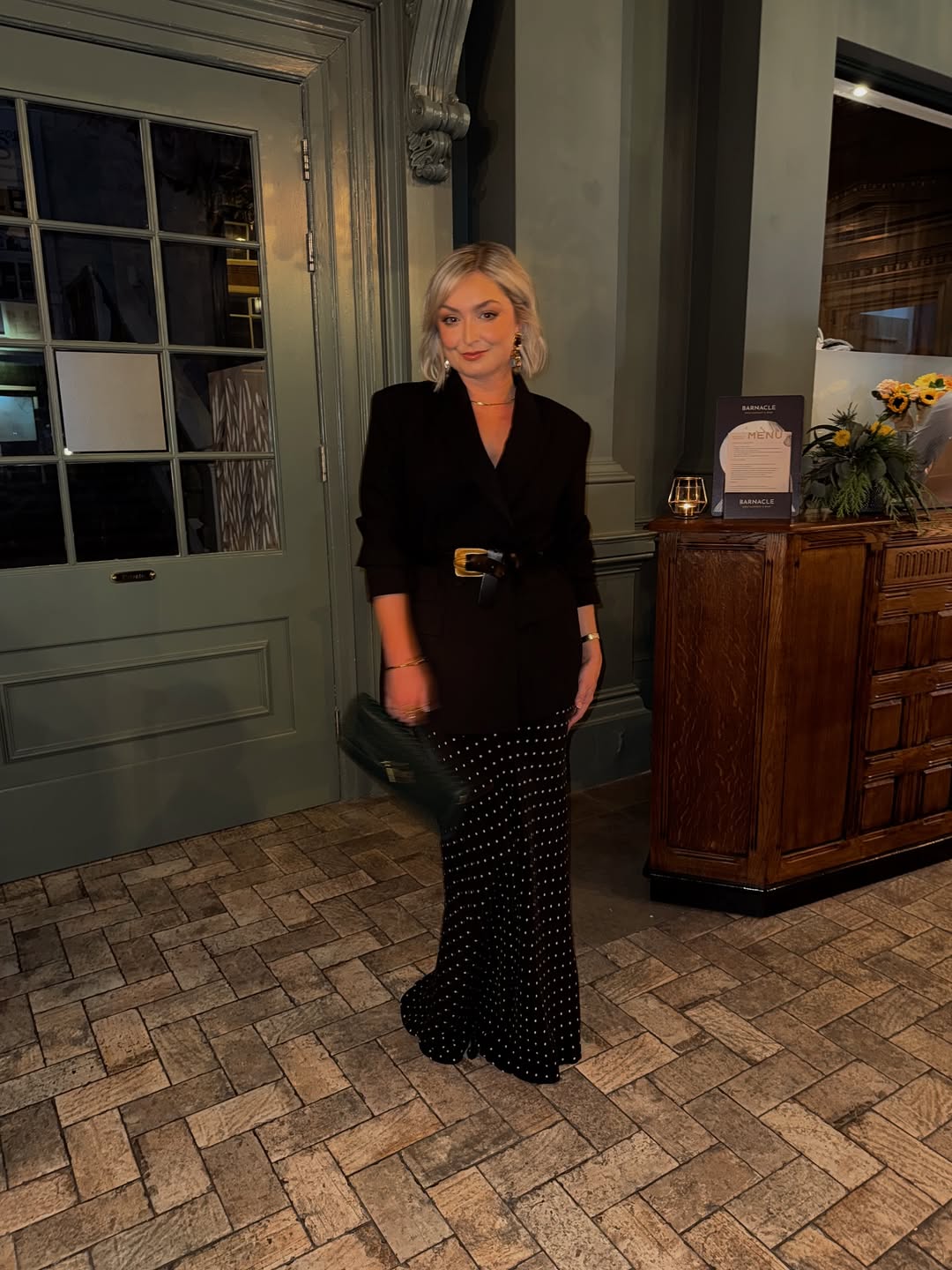 Chic Black Blazer And Polka Dot Wide Leg Pants