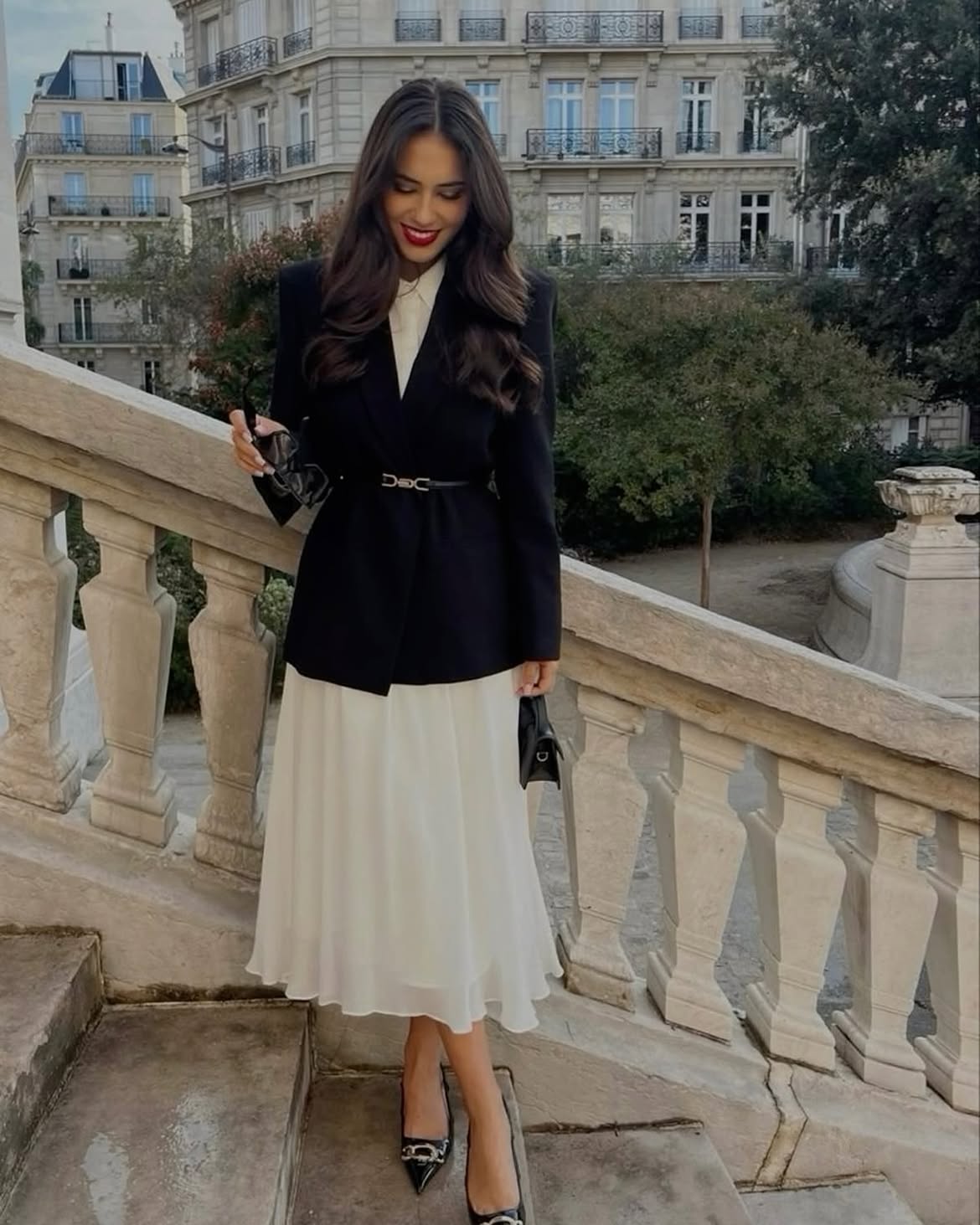 Chic Black Blazer Over Ivory Midi Skirt Outfit