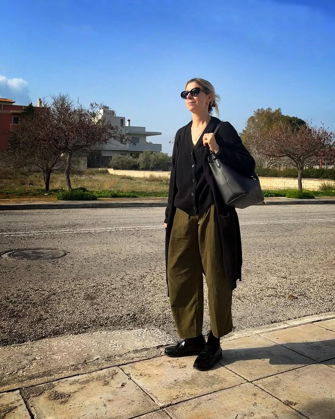 Chic Black Cardigan With Olive Wide Leg Pants
