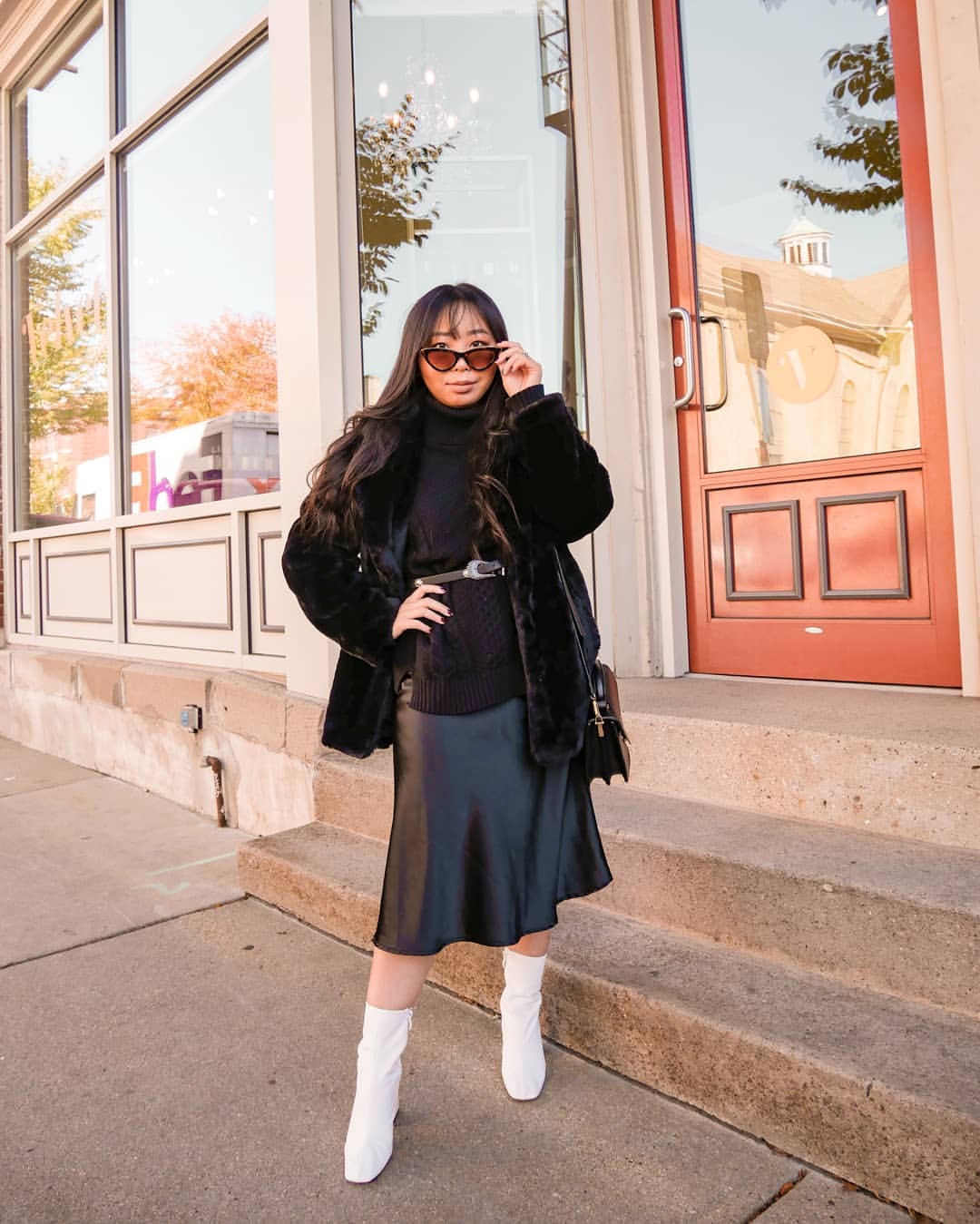 Chic Black Knit Top Midi Skirt With White Boots