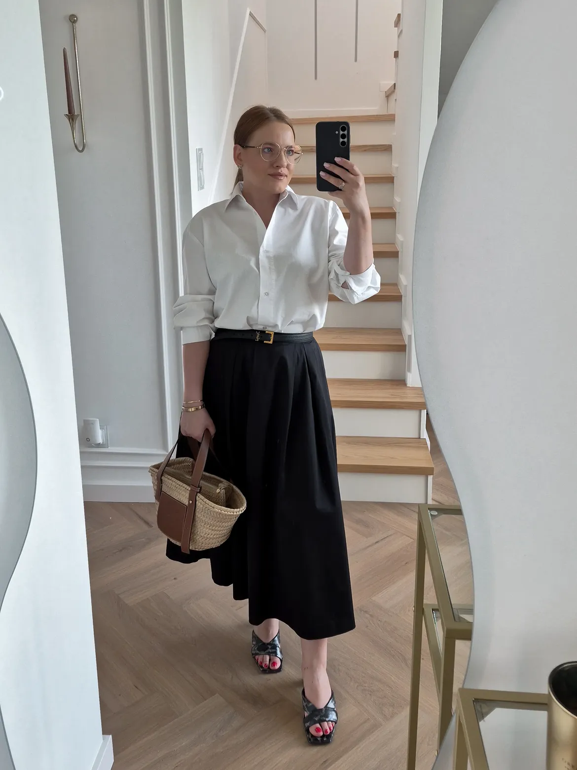 Chic Black Midi Skirt and White Button-Down Outfit