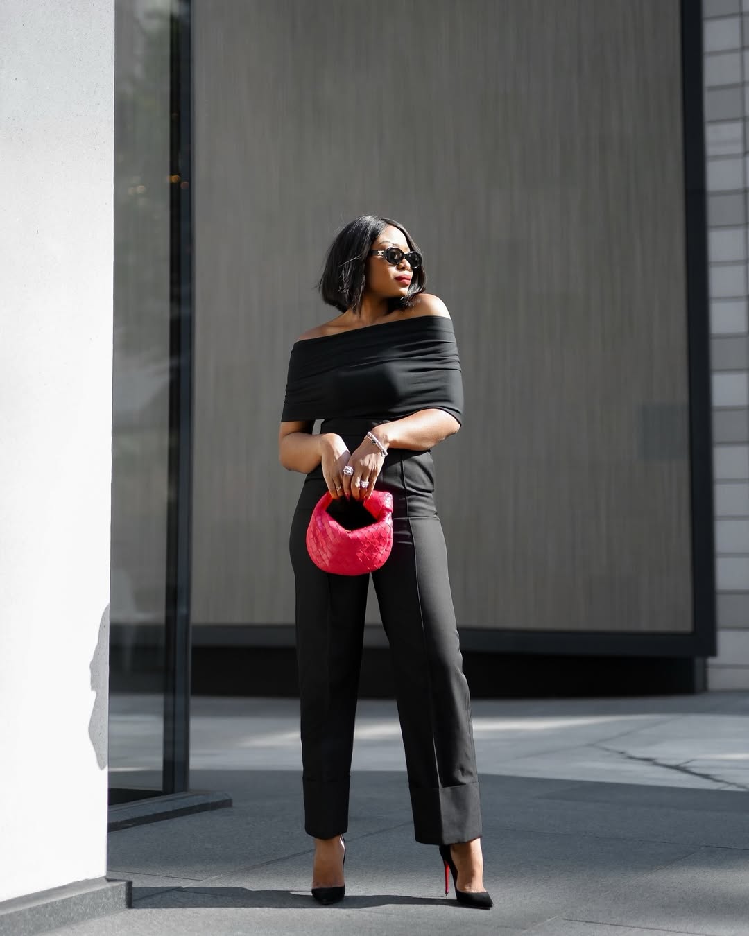 Chic Black Off-the-Shoulder Top With Tailored Trousers