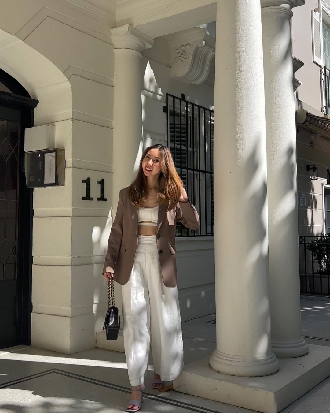 Chic Brown Blazer With White Linen Trousers