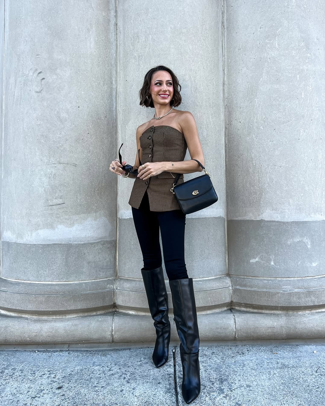 Chic Brown Check Bustier Top With Black Skinny Pants