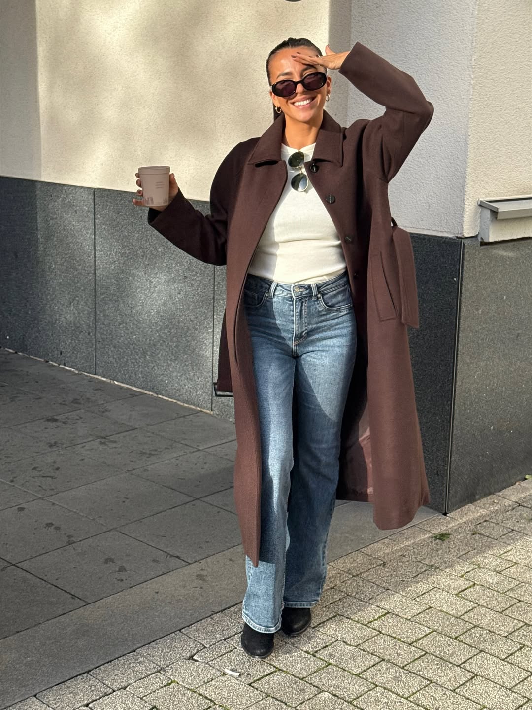 Chic Chocolate Coat With Relaxed Denim