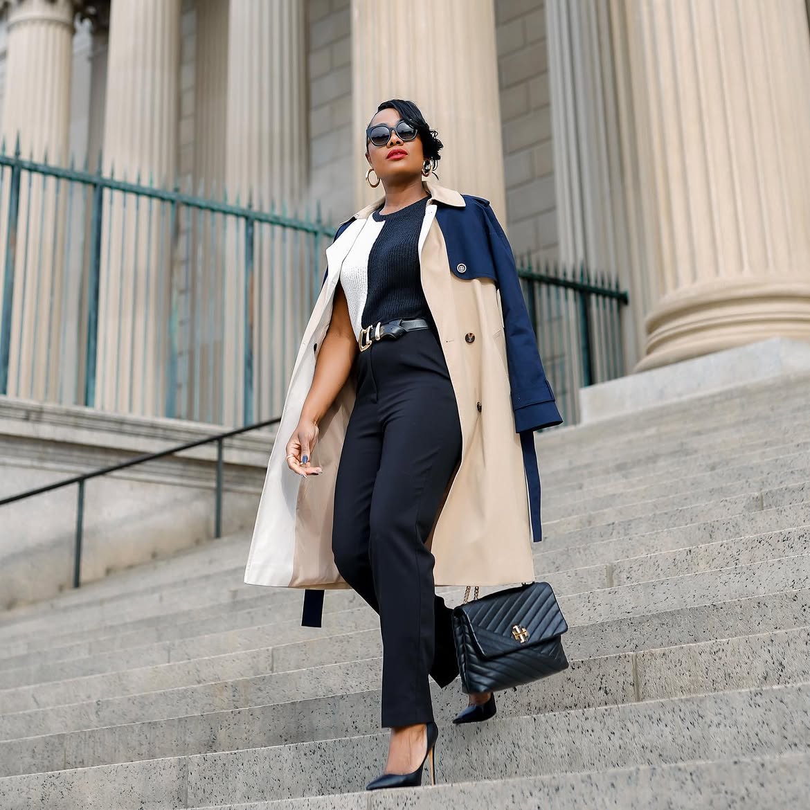 Chic Color-Block Trench & Black Trouser Ensemble