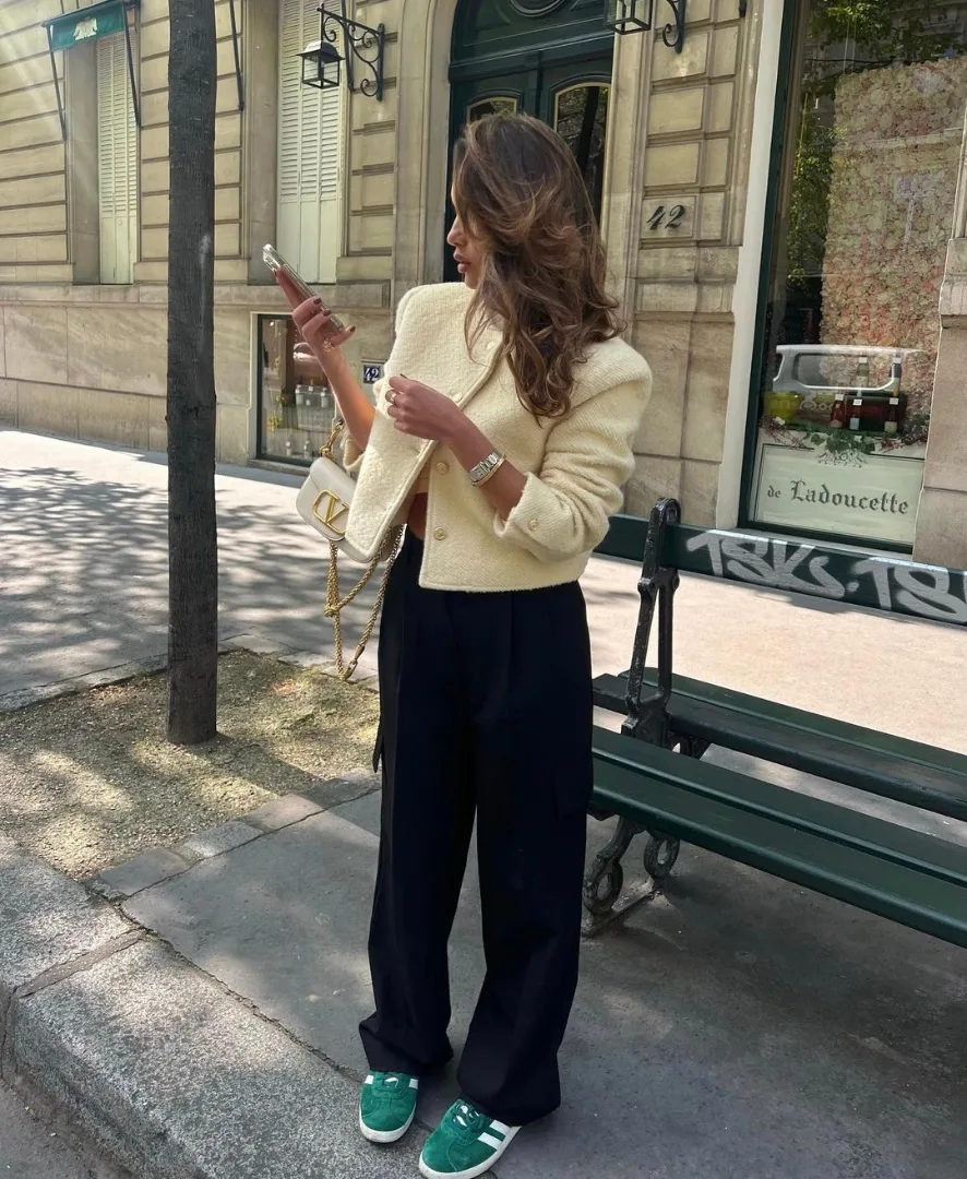 Chic Cream Boucle Jacket With Black Trousers