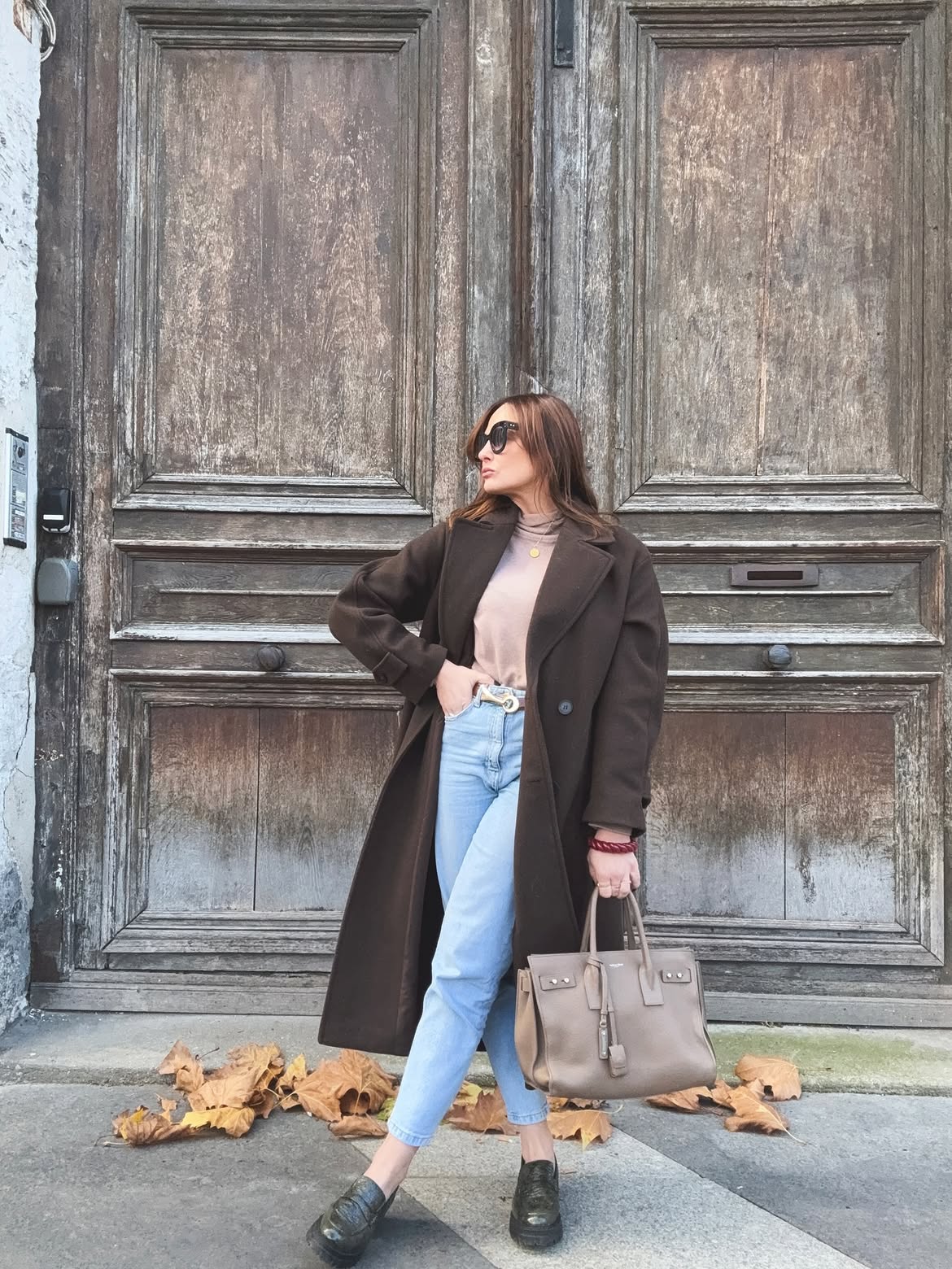 Chic Dark Brown Coat With Light Wash Jeans
