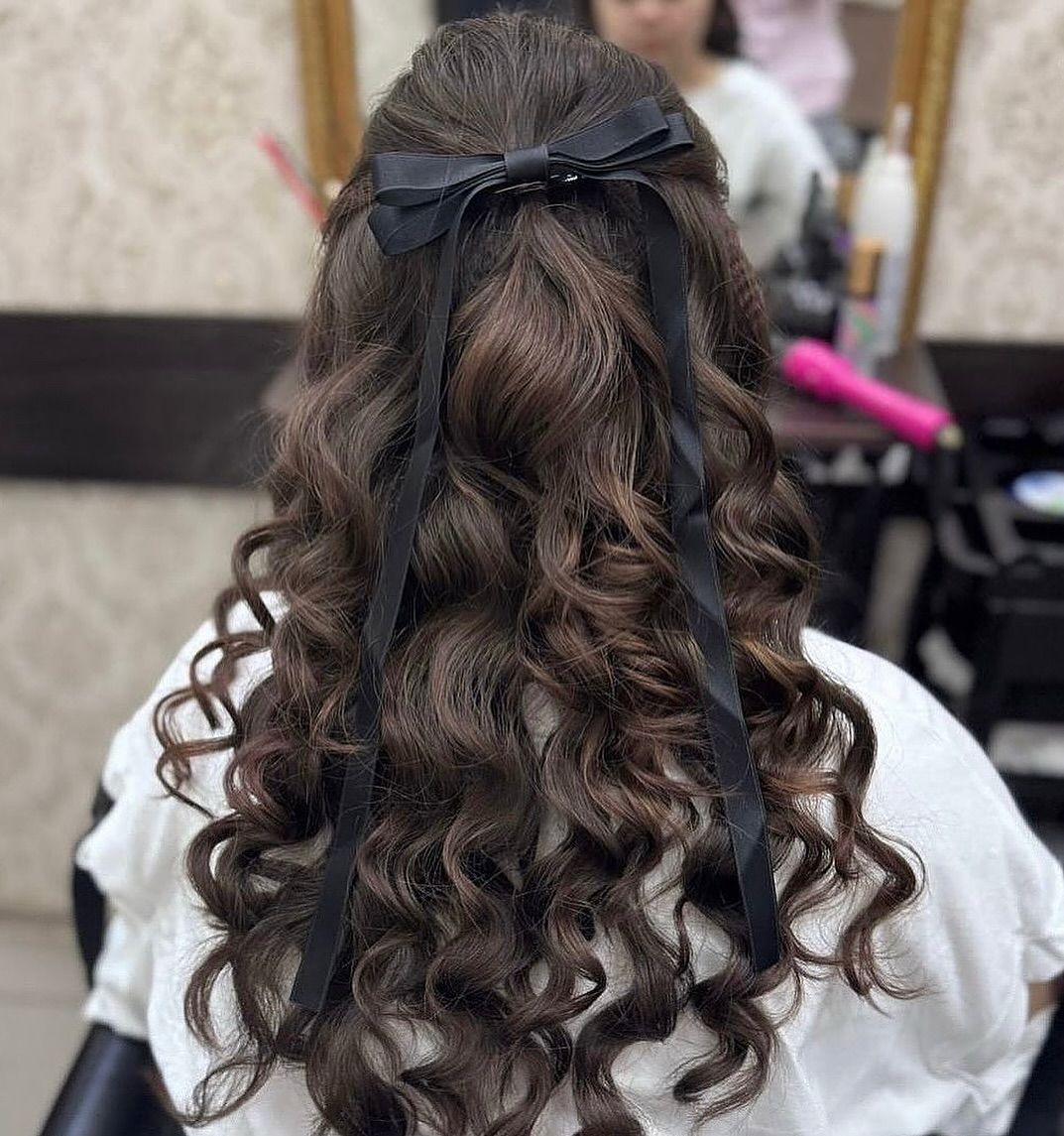Chic Half-Up Curls With Black Ribbon Bow