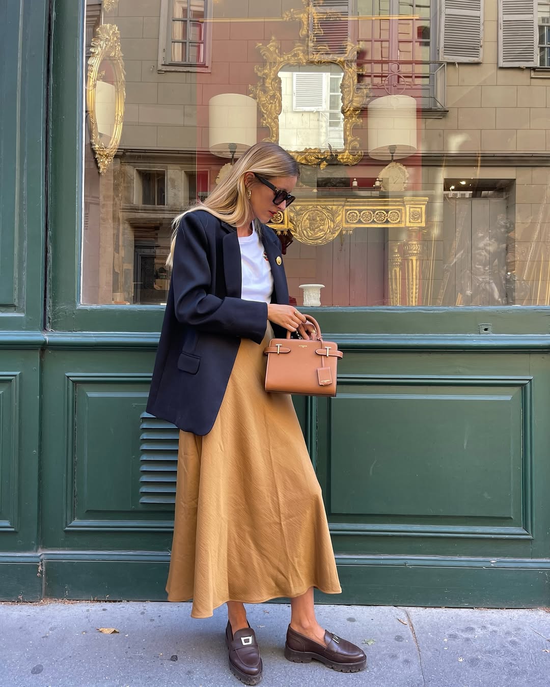 Chic Navy Blazer Meets Flowy Camel Midi Skirt