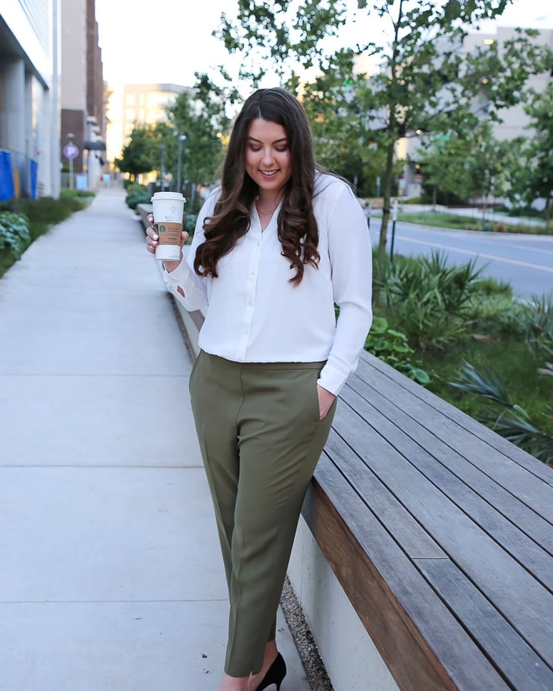Chic Olive Trousers With Classic White Button-Down