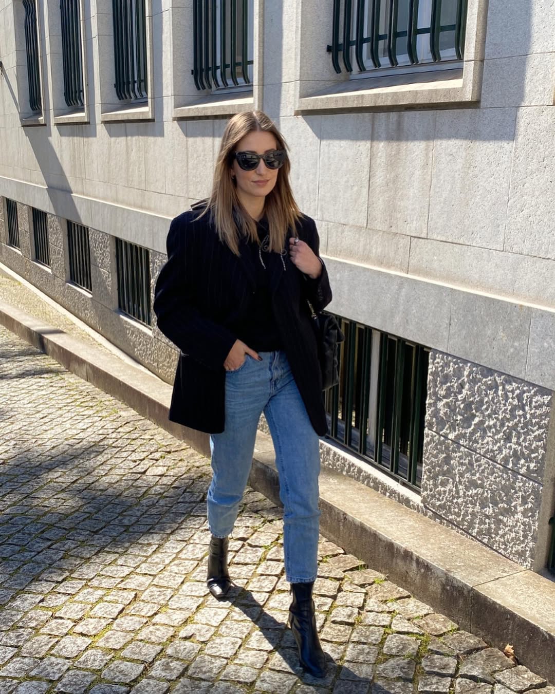 Chic Pinstripe Blazer With Light Wash Denim