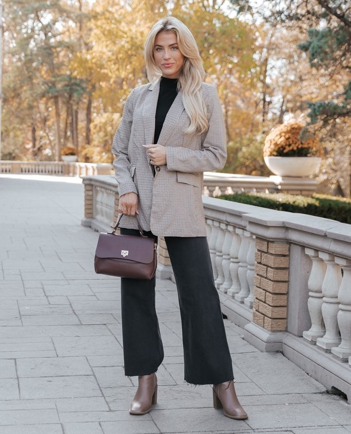 Chic Plaid Blazer And Wide Leg Trouser Fall Outfit
