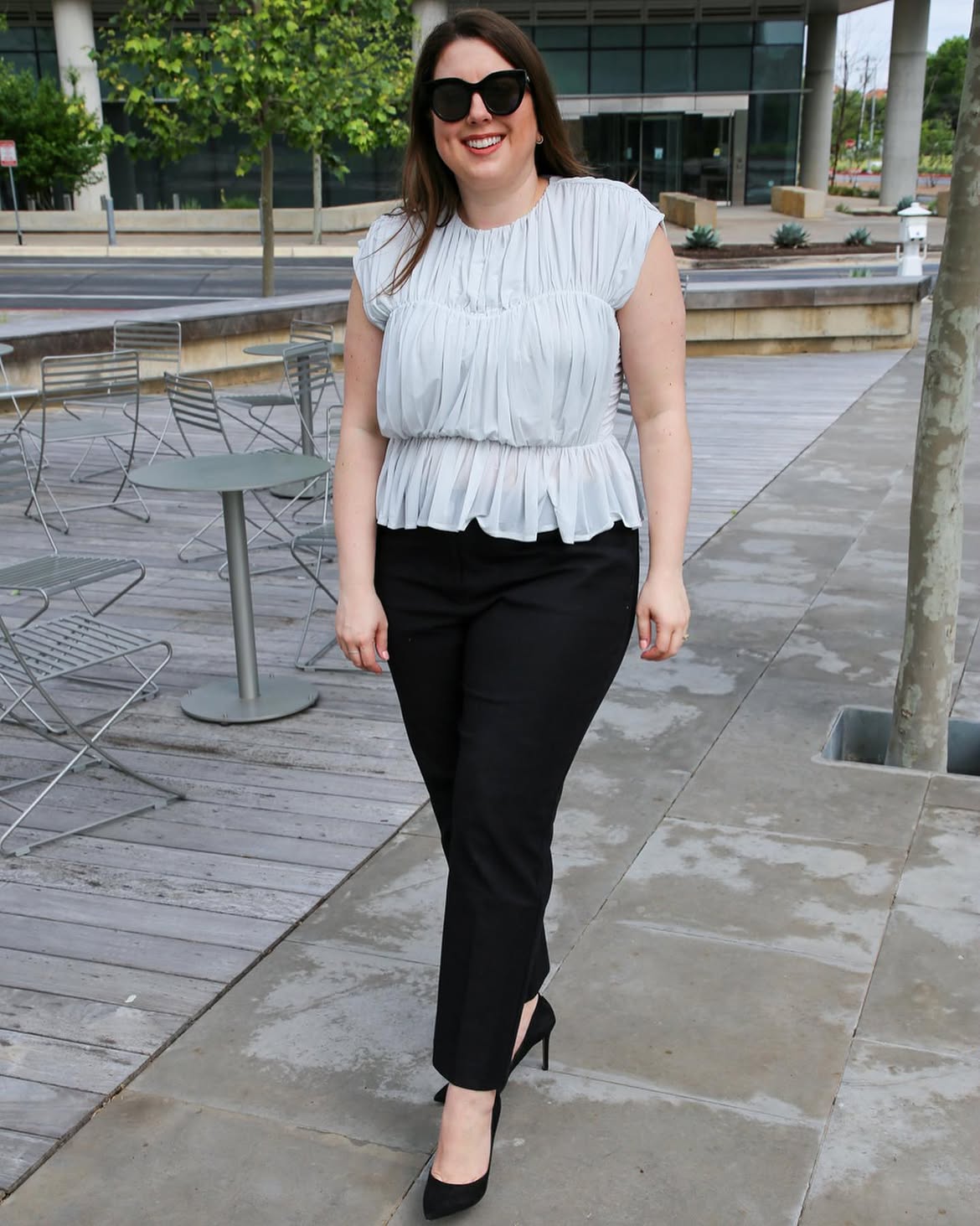 Chic Pleated Top With Tailored Trousers Outfit