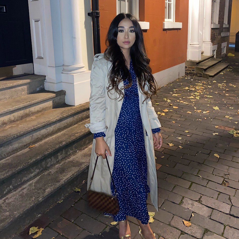 Chic Polka Dot Midi Dress With Trench Coat