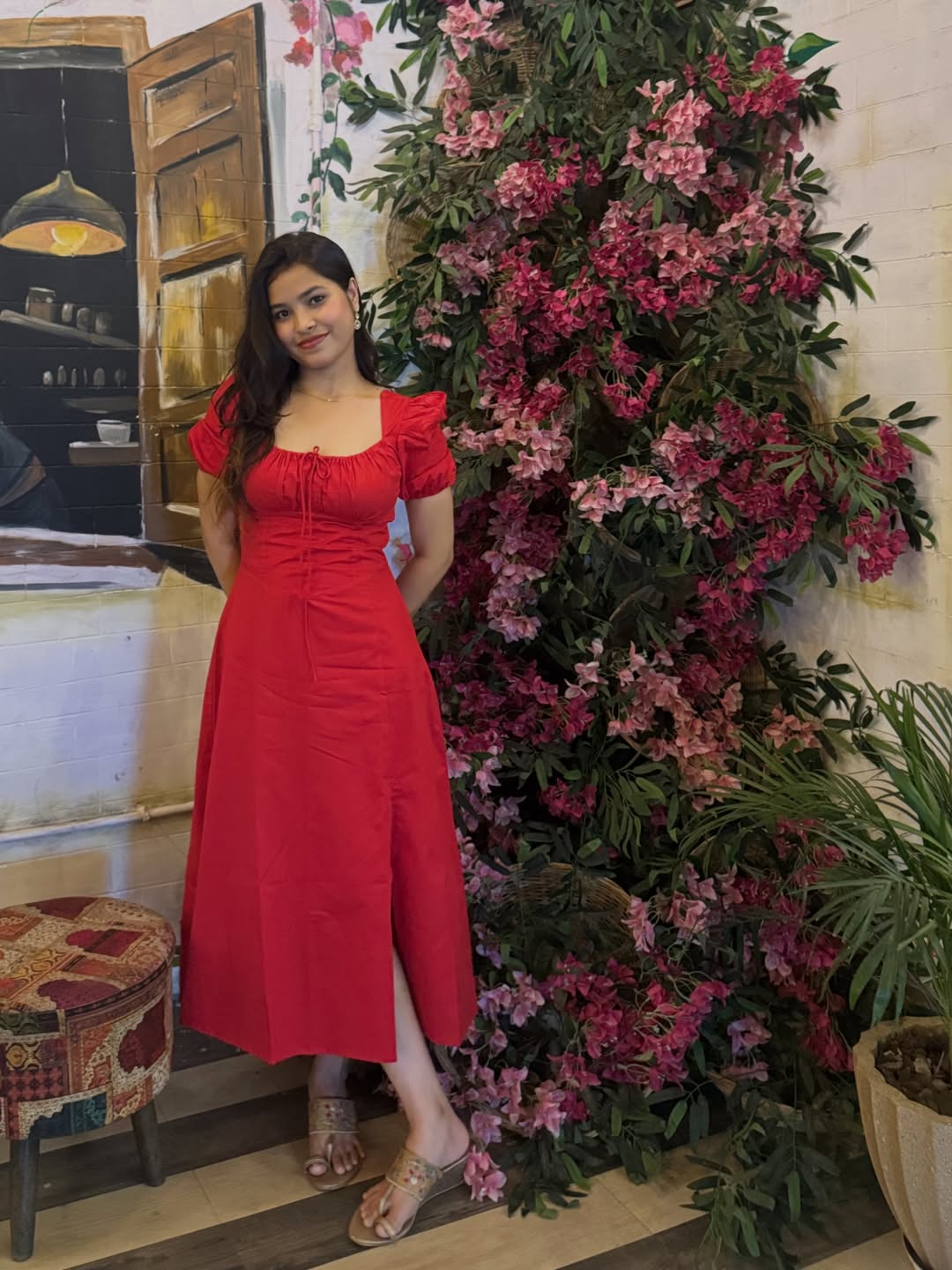 Chic Red Puff Sleeve Midi Dress Date