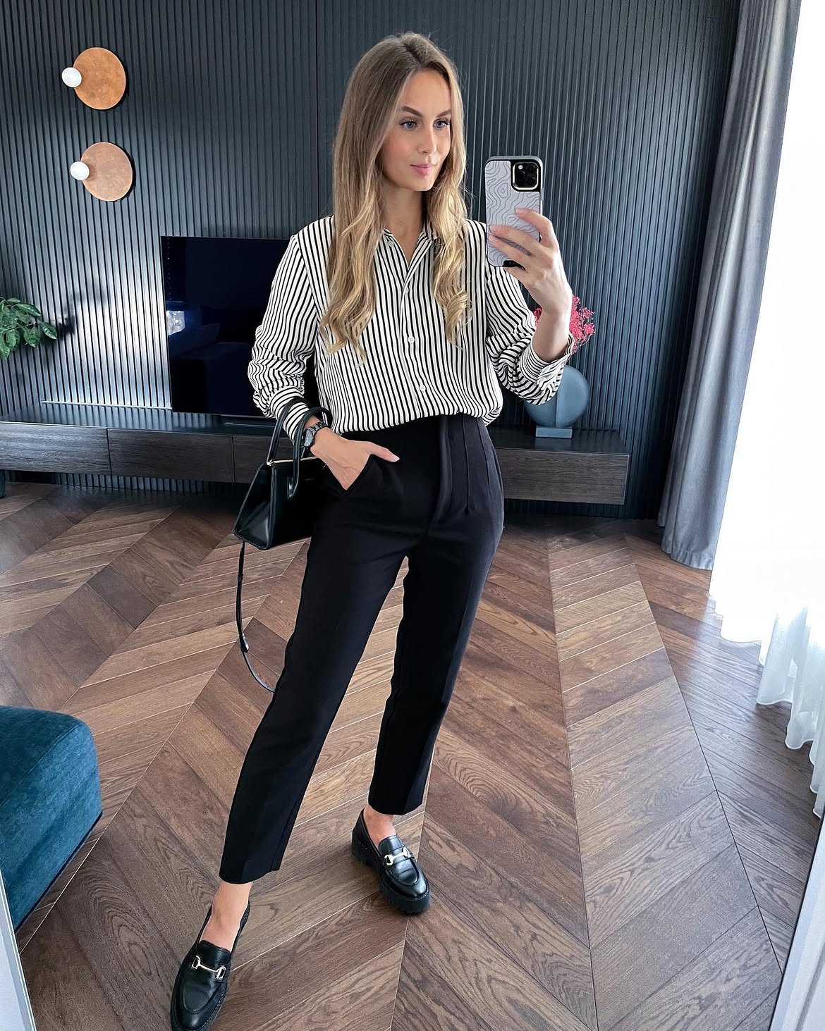 Chic Striped Shirt And Black Trouser Office Outfit