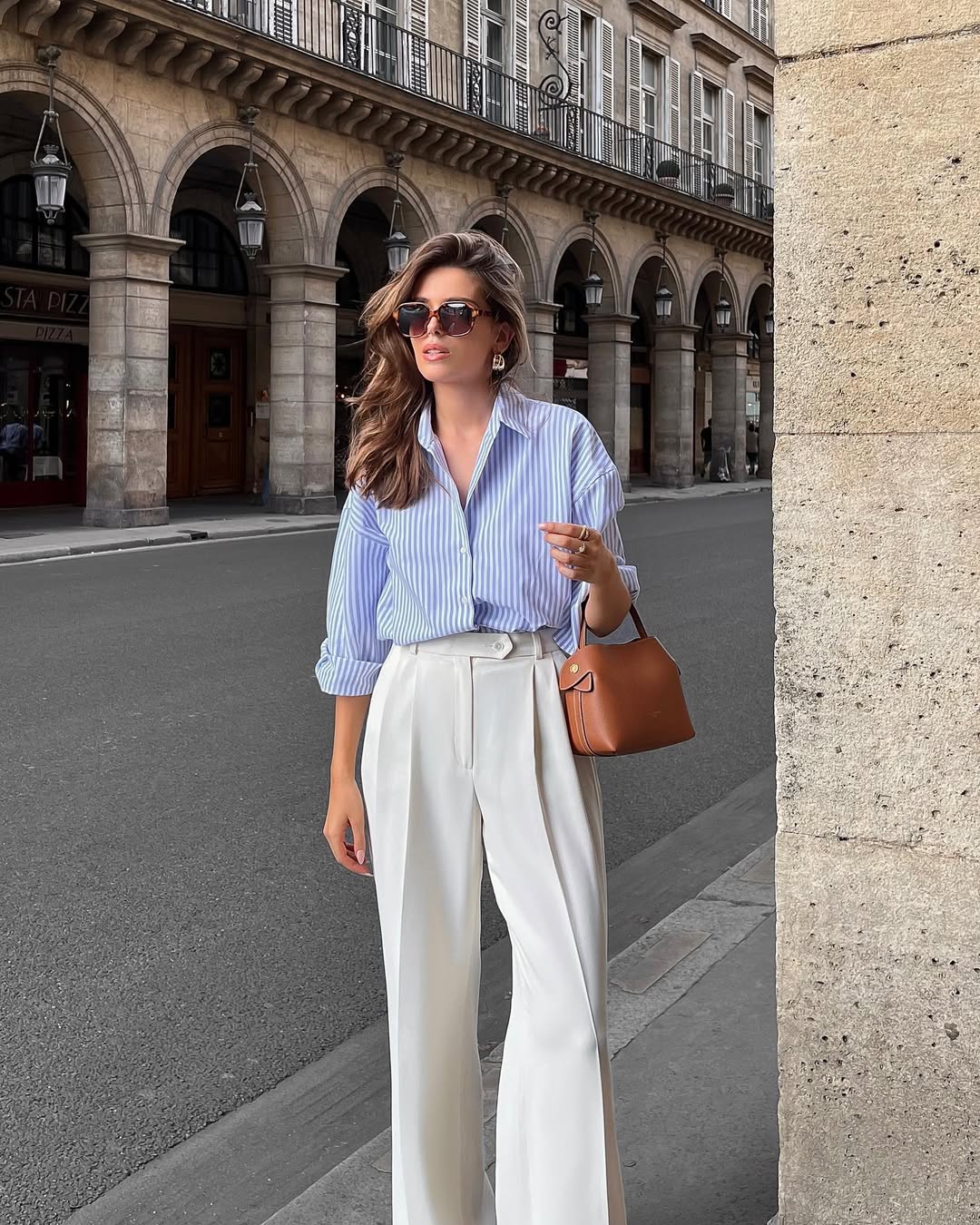 Chic Striped Shirt And White Wide Leg Pants Outfit