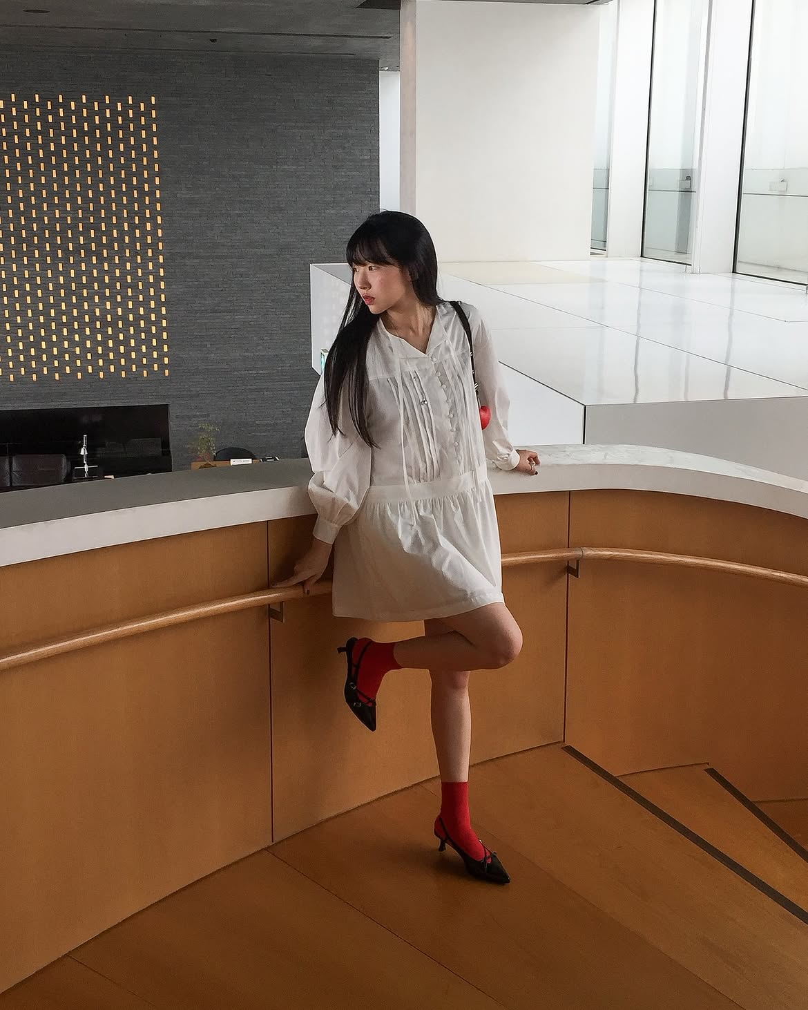 Chic White Broderie Dress With Red Socks