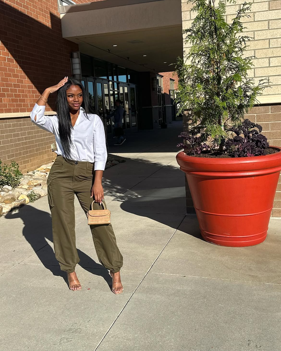Chic White Button-Down With Olive Cargo Pants