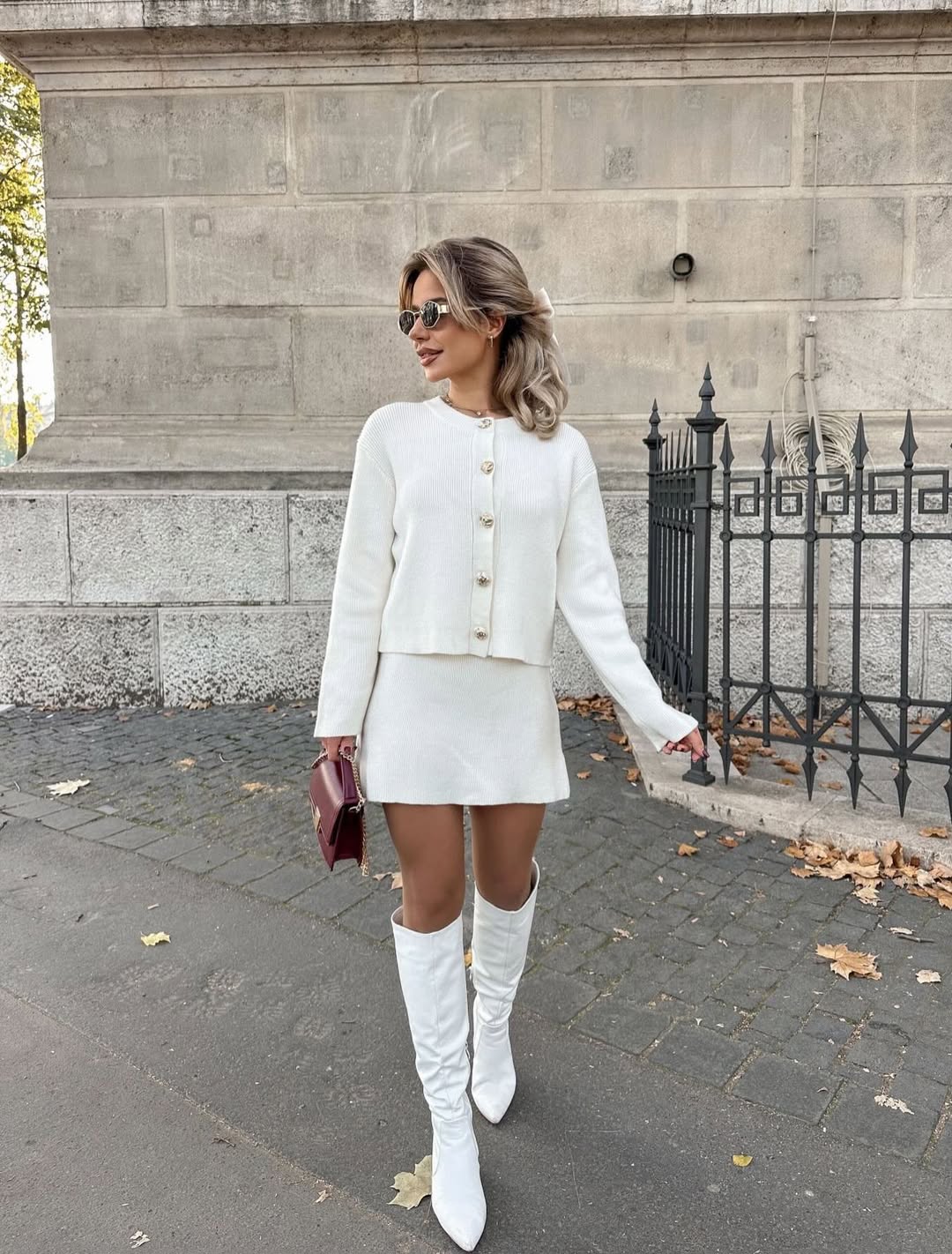 Chic White Knit Set With Knee-High Boots