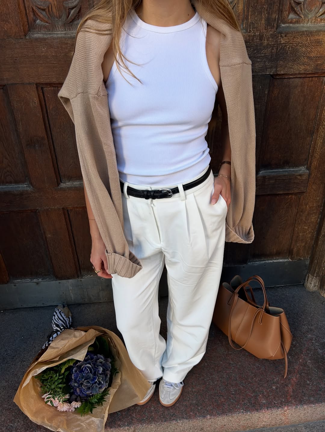 Chic White Trousers With Tan Tote And Knit