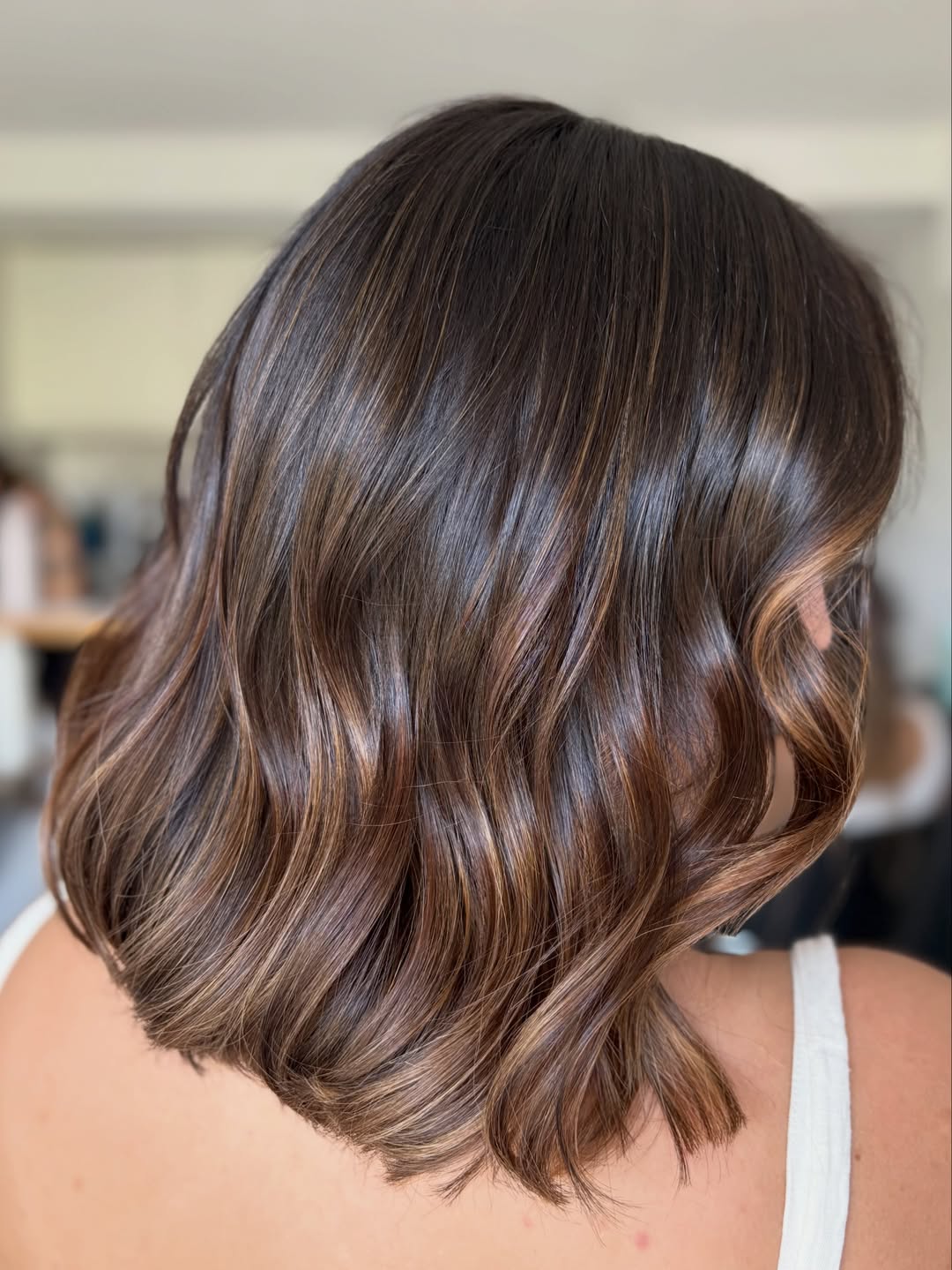 Chocolate Bronze Balayage On Wavy Collarbone Bob