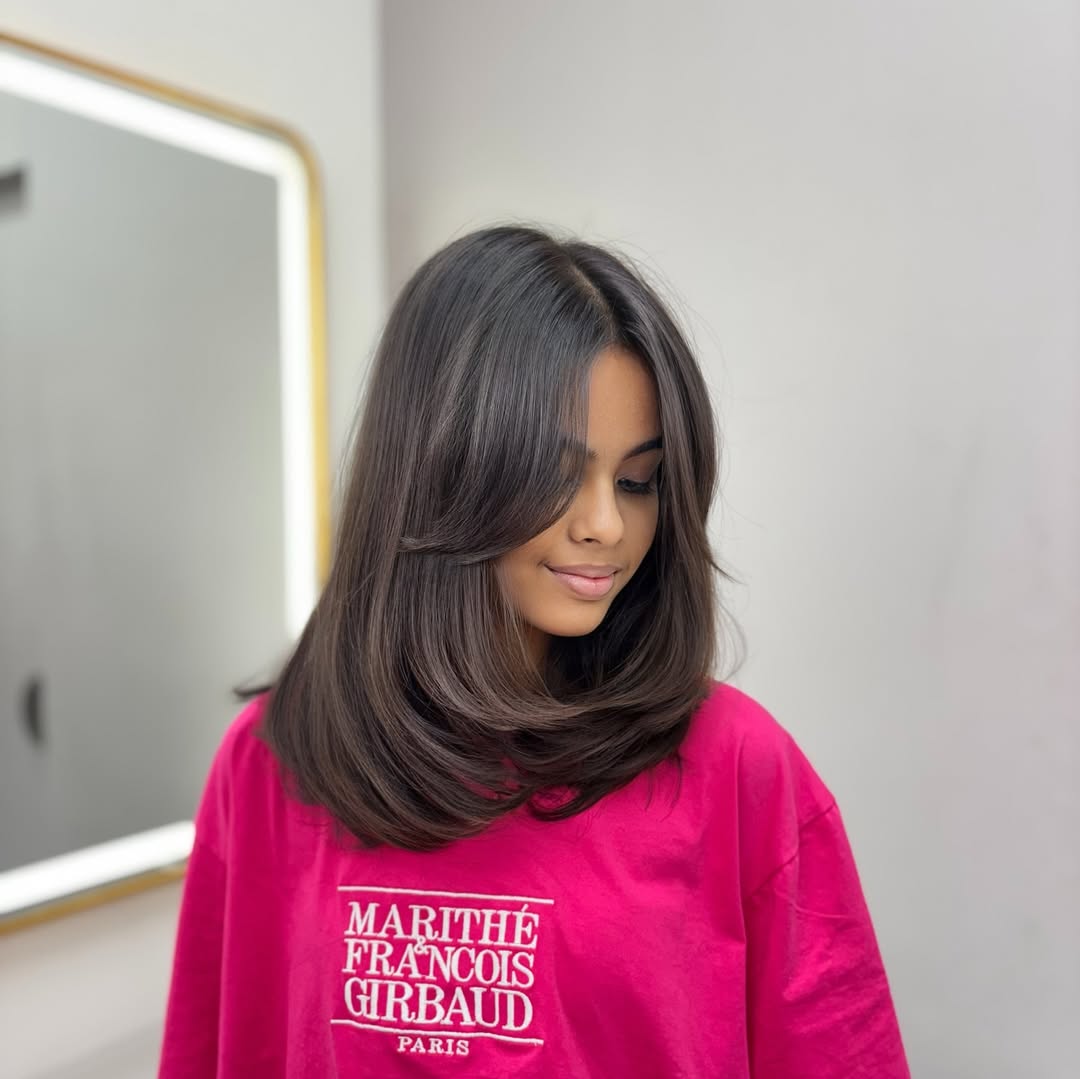 Chocolate Brown Layers With Voluminous Curtain Bangs