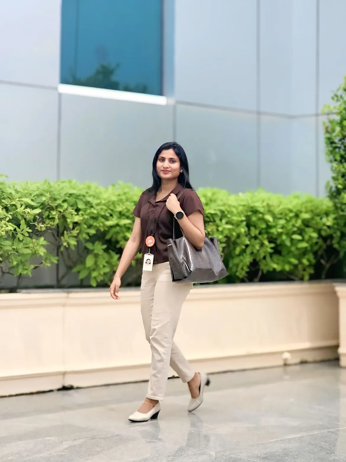 Chocolate Brown Satiny Top With Khaki Trousers