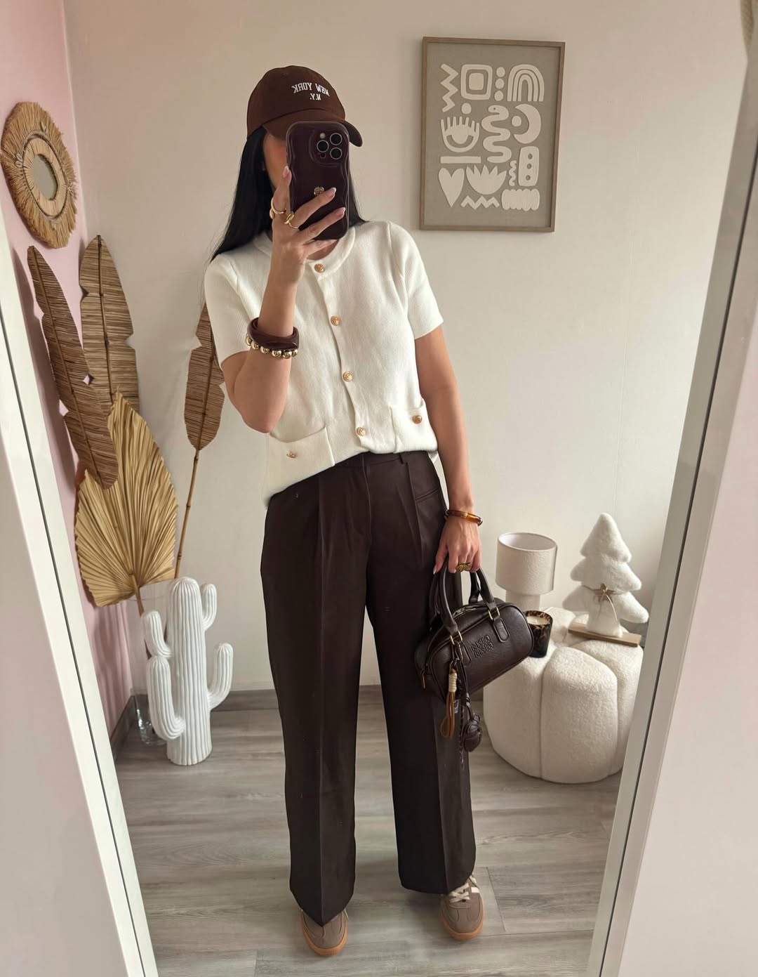 Chocolate Brown Trouser And White Knit Cardigan Look