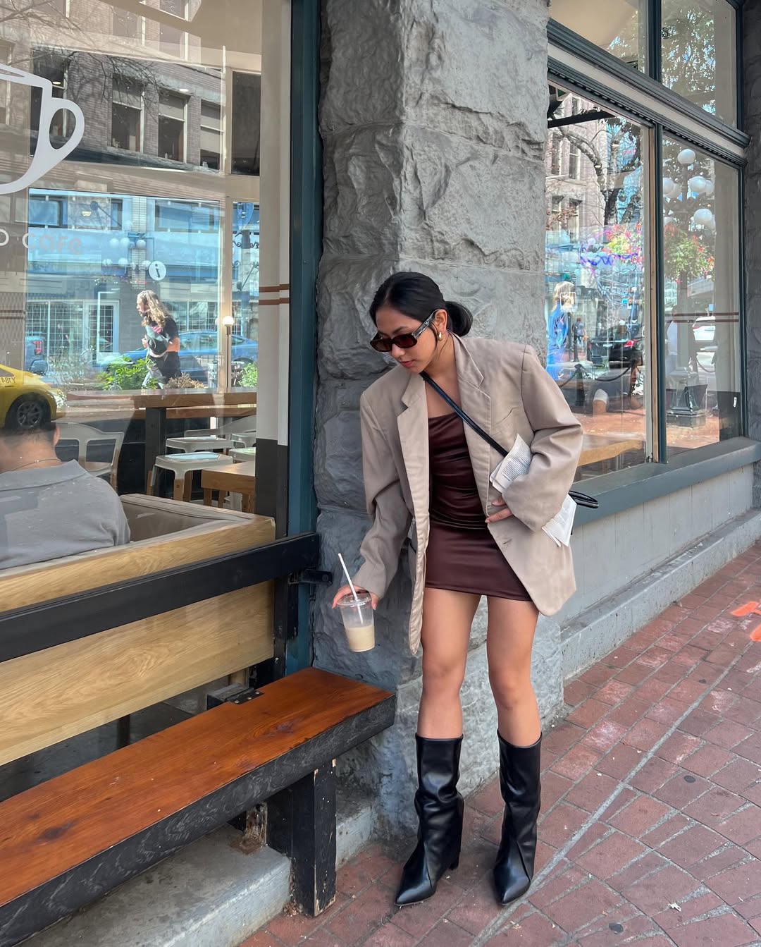 Chocolate Slip Dress With Oversized Blazer & Boots