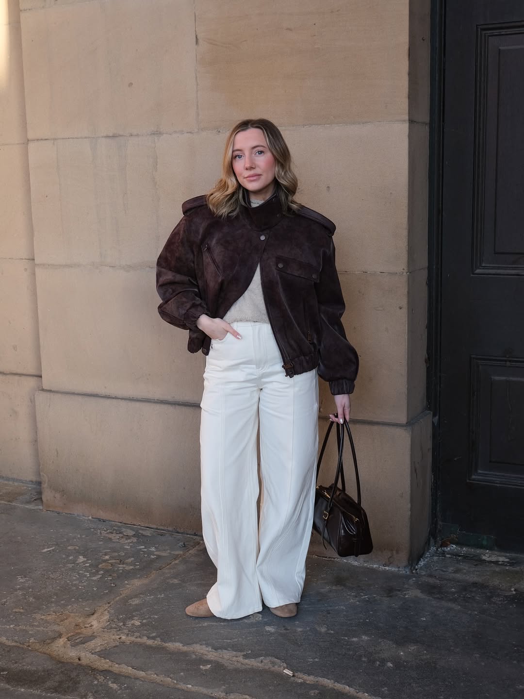 Chocolate Suede Bomber With Cream Wide Leg Pants